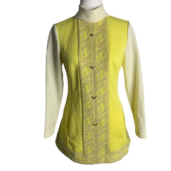 Vintage 60s 2 Piece Stretch Knit Pant Set S Yellow High Neck Pockets Zipper - Picture 2 of 13